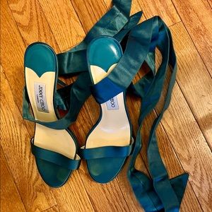 JIMMY CHOO Marilyn Teal Satin Lace Up Sandals 8.5